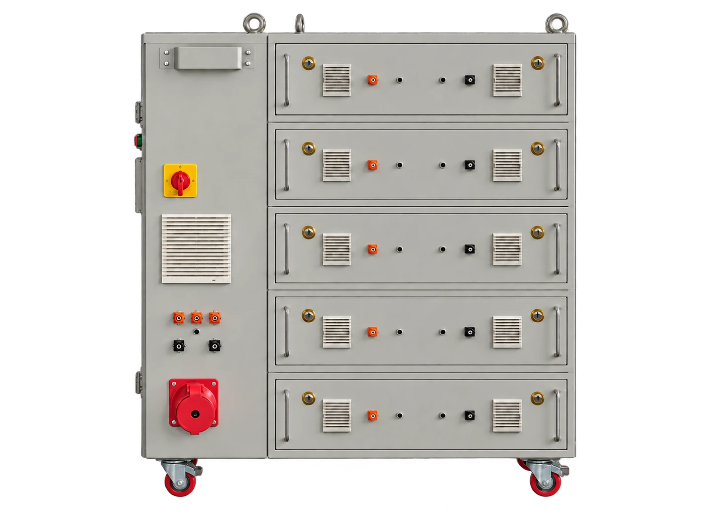 Front view of TOBOR modular battery energy storage cabinet with five stacked modules