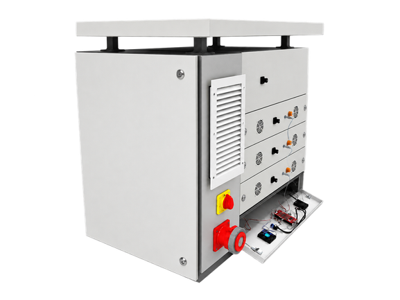 Stacked LiFePO4 battery modules with cooling fans and interconnect cables