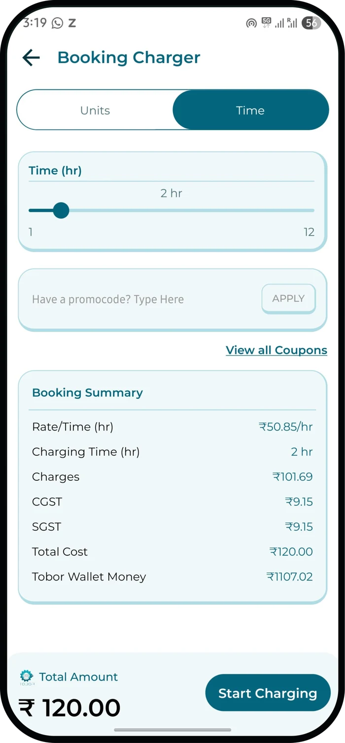 TOBOR app booking screen with duration selection, cost breakdown and Start Charging button