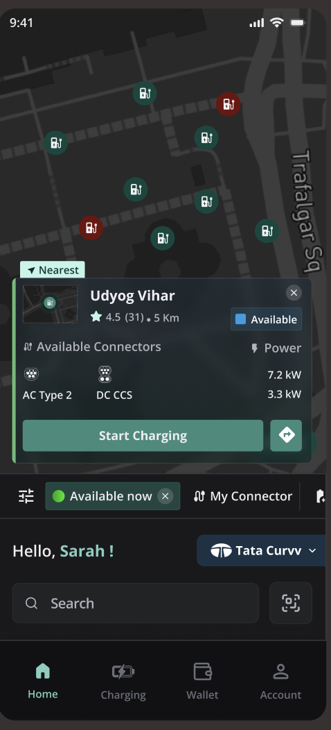 New Tobor app design: charger discovery map and station details