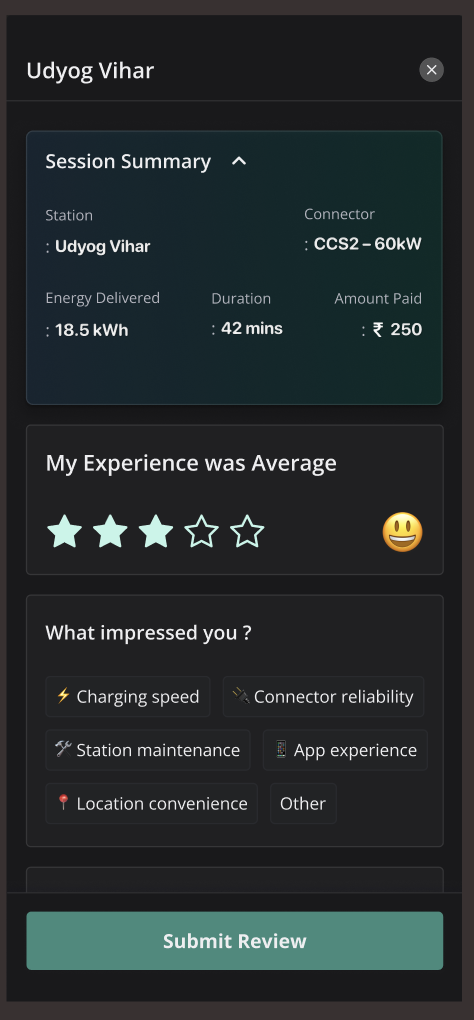 New Tobor app design: session summary and charging experience review form