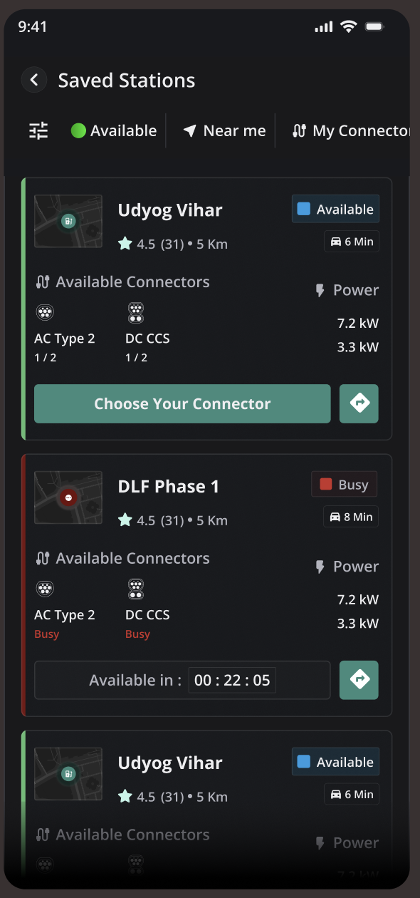 New Tobor app design: saved charging stations with connector information