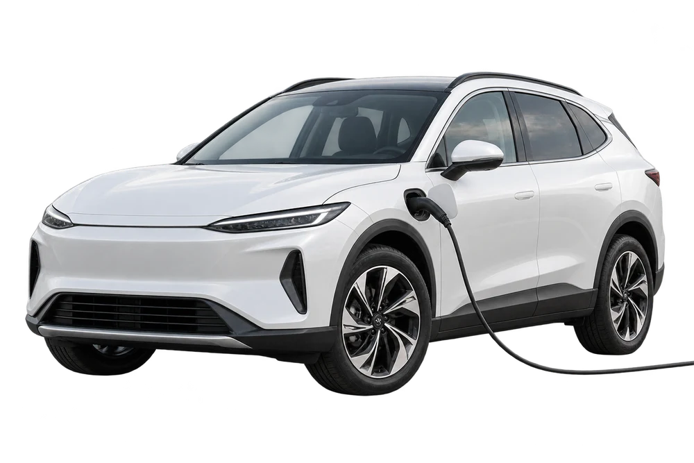 Photorealistic electric SUV connected to a charging cable